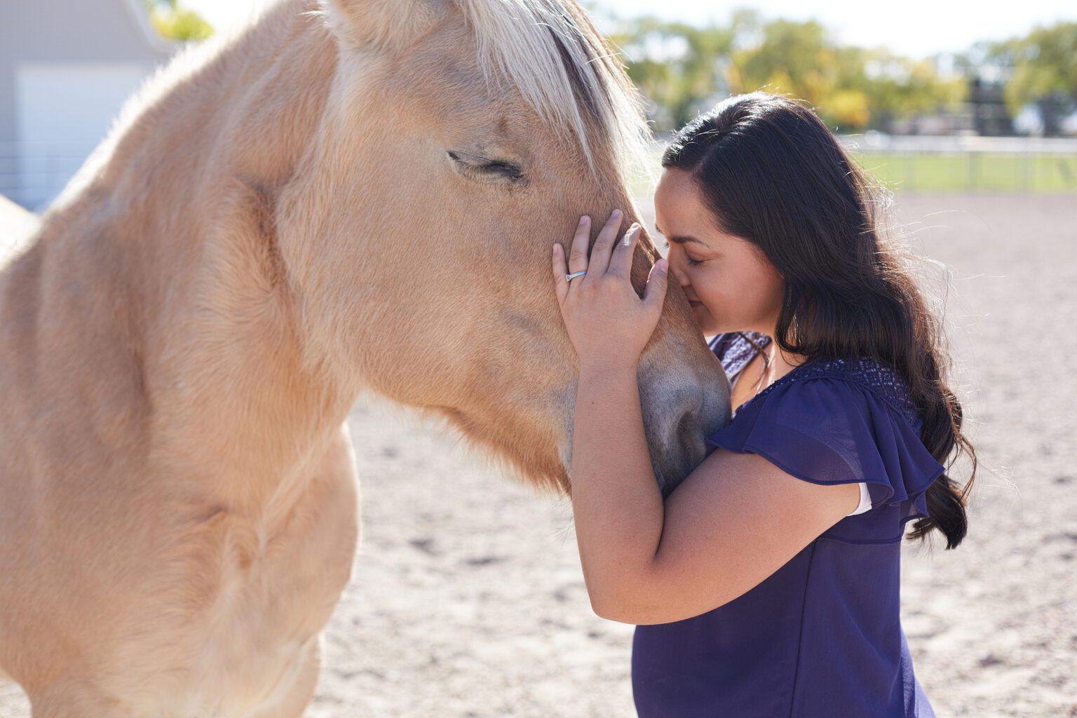 A young woman kissing a horse on its nose